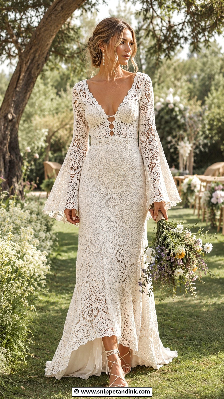 Boho Crochet Wedding Dress With Bell Sleeves - Snippet and Ink - 30 Crochet Wedding Dress Ideas