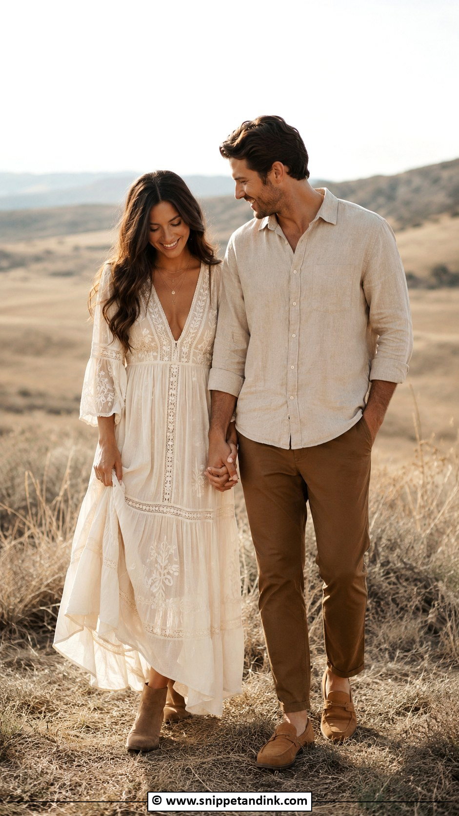 Boho Dress And Linen Shirt Couple Photoshoot Outfit - Snippet and Ink - 30 Couple Photoshoot Outfits