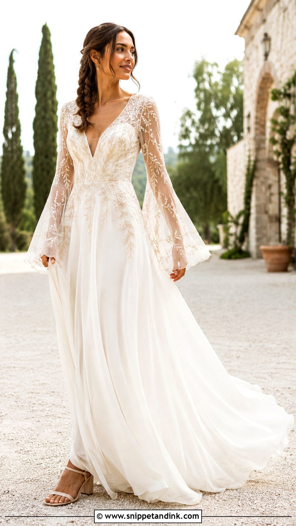 Boho Embroidered Wedding Gown With Bell Sleeves - Snippet and Ink - 20 Embroidered Wedding Gown Ideas