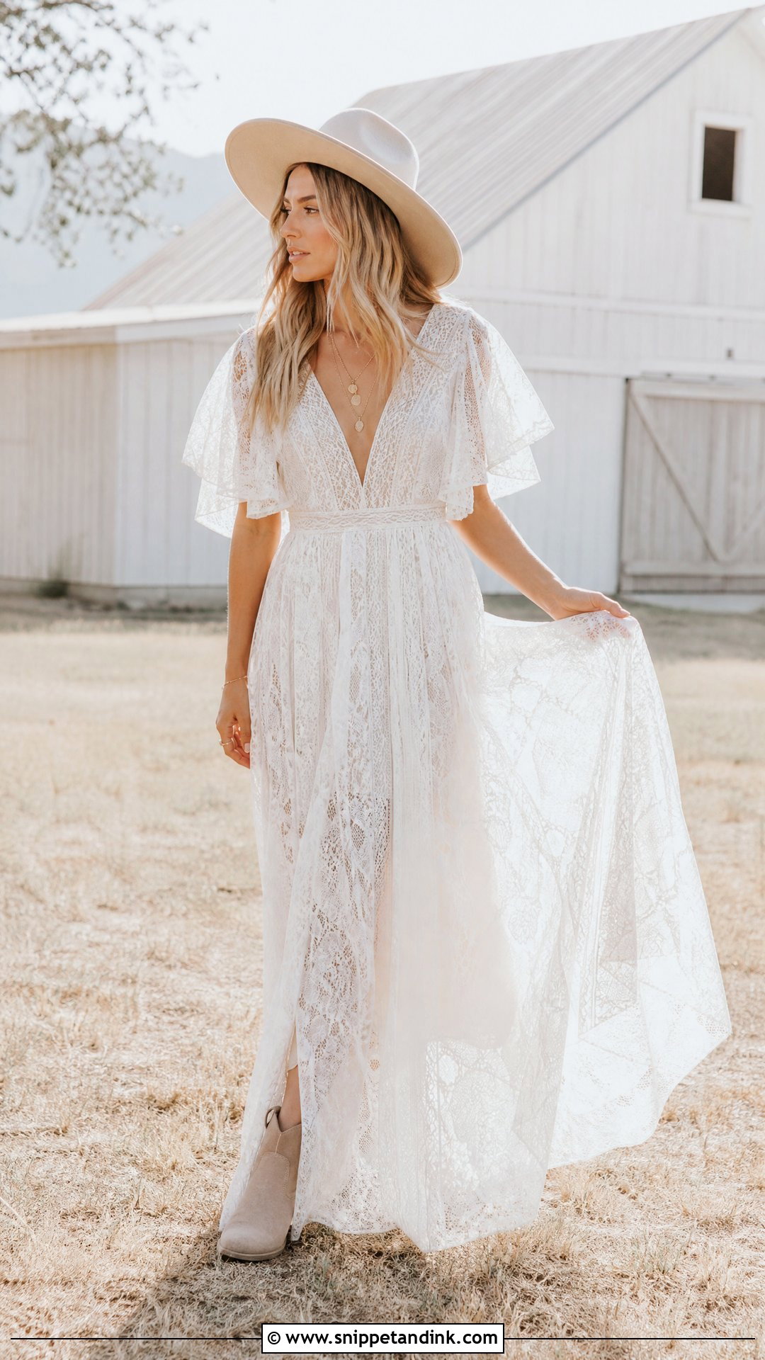 Boho Farm Wedding Dress With Wide Brim Hat - Snippet and Ink - 25 Farm Wedding Dress Ideas
