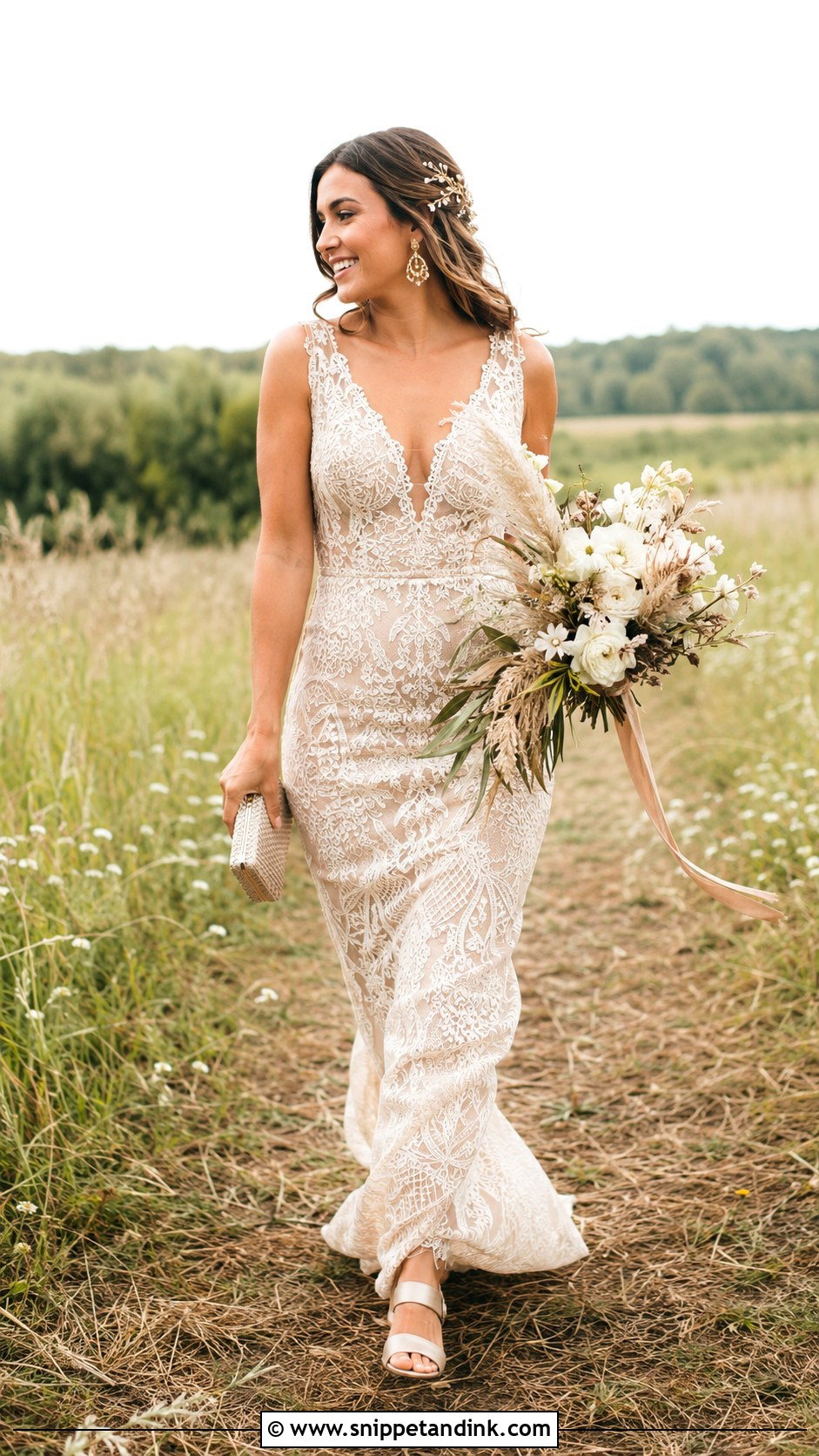 Boho Gold Lace Wedding Dress - Snippet and Ink - 20 Gold Lace Wedding Dress Ideas