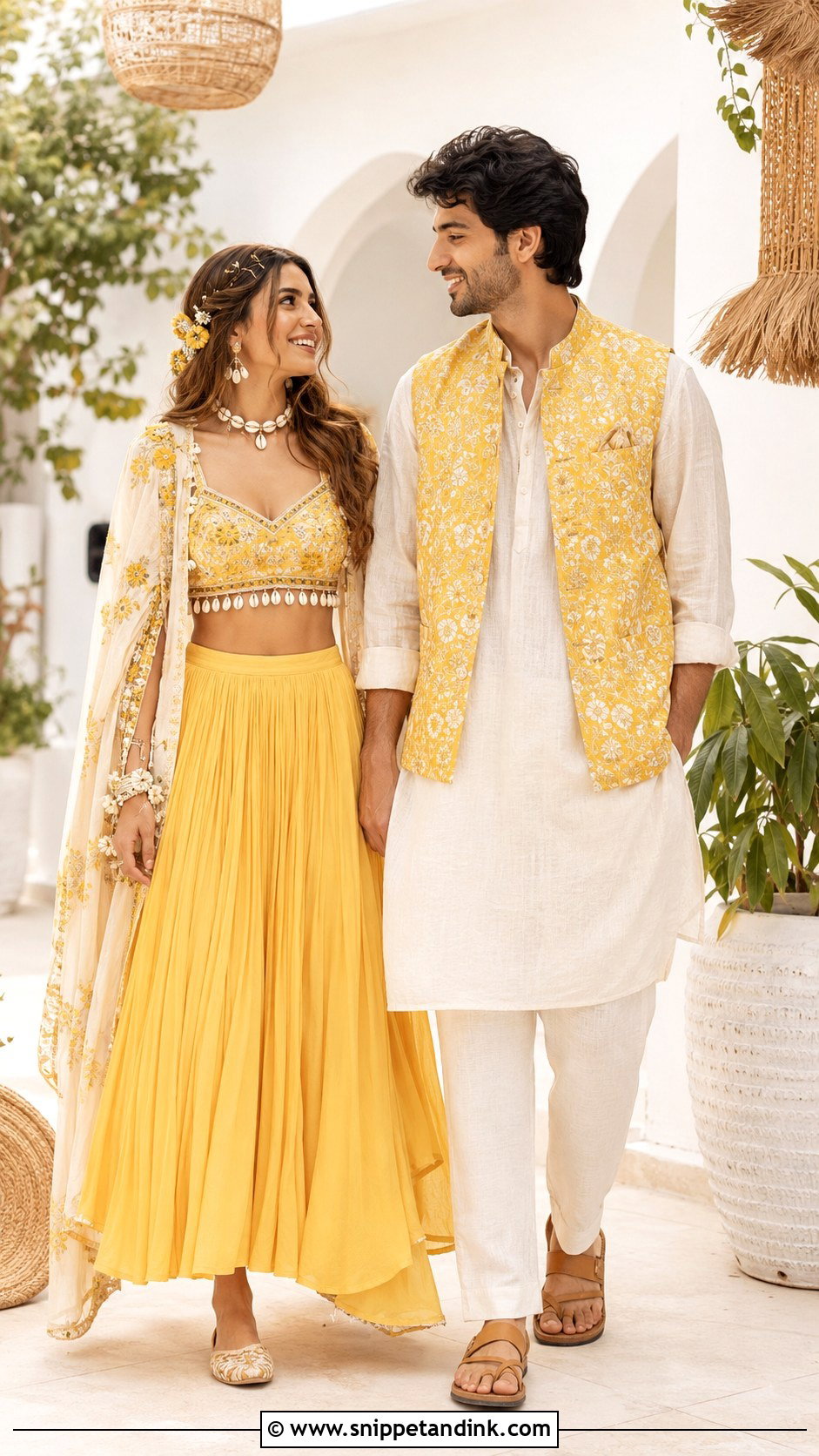 Boho Haldi Outfits With Shell Jewelry - Snippet and Ink - 20 Haldi Outfits for Couple