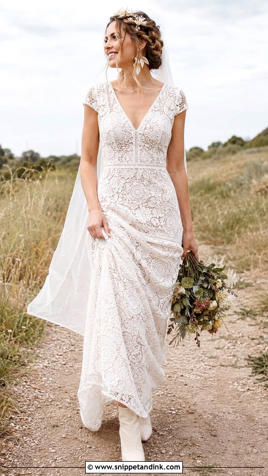 Boho Lace Cap Sleeve Wedding Dress - Snippet and Ink - 20 Capped Sleeve Wedding Dress Ideas