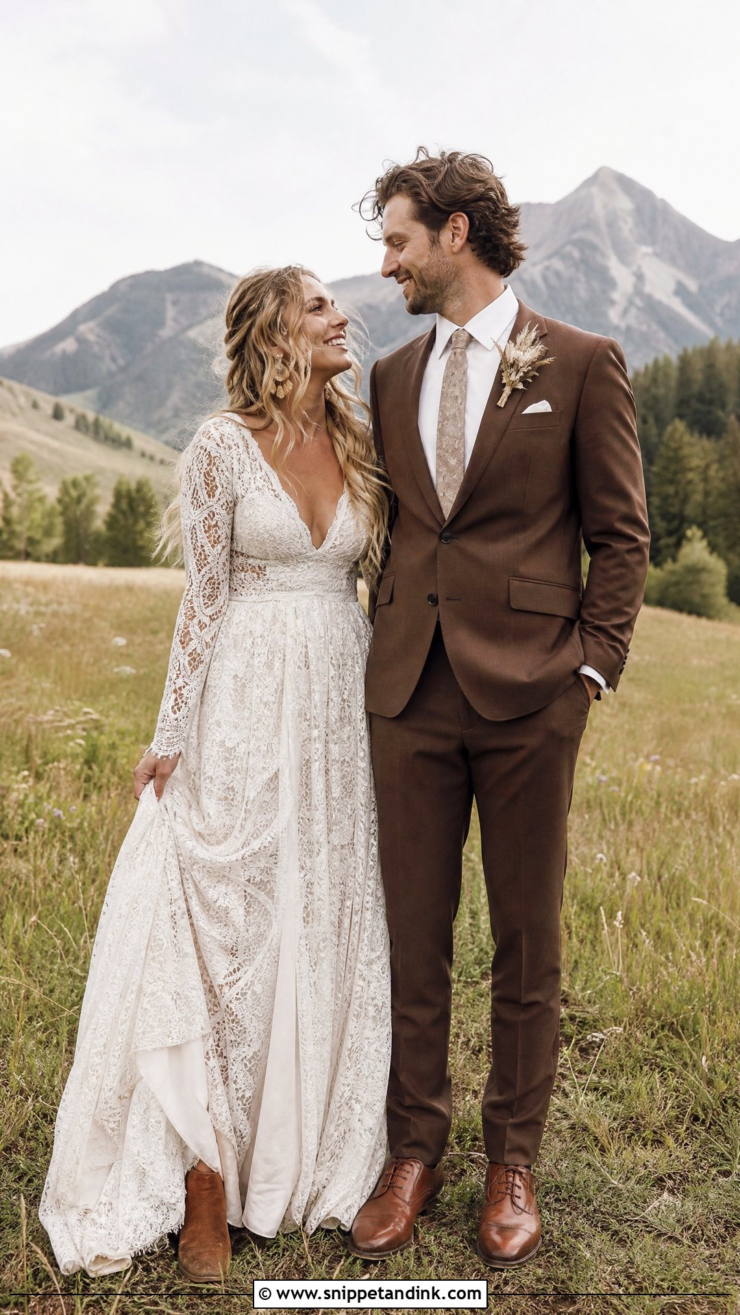 Boho Lace Dress And Brown Suit Wedding Outfit - Snippet and Ink - 25 Wedding Outfits for Couples