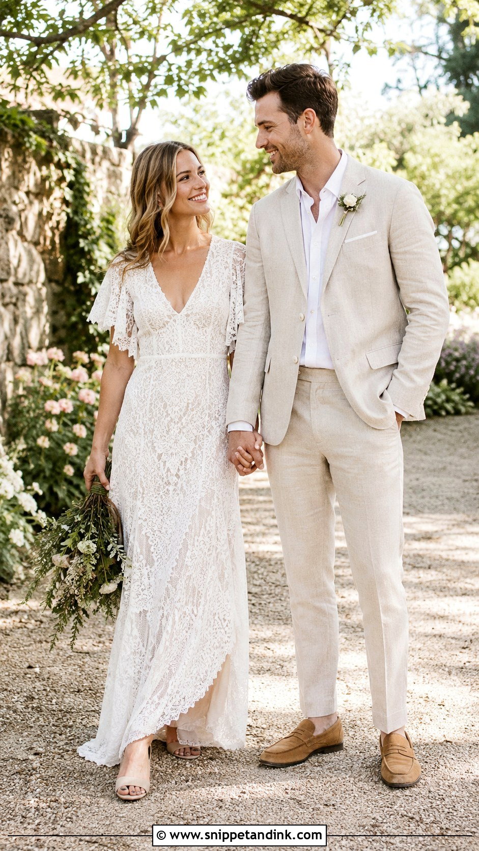 Boho Lace Dress And Linen Suit Wedding Couple Outfit - Snippet and Ink - 25 Wedding Couple Outfits