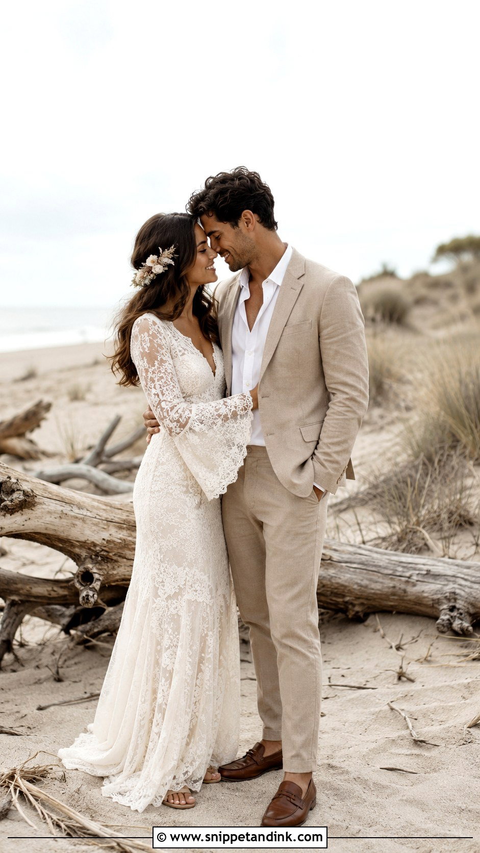 Boho Lace Dress And Tan Casual Suit - Snippet and Ink - 20 Beach Pre Wedding Shoot Outfit Ideas