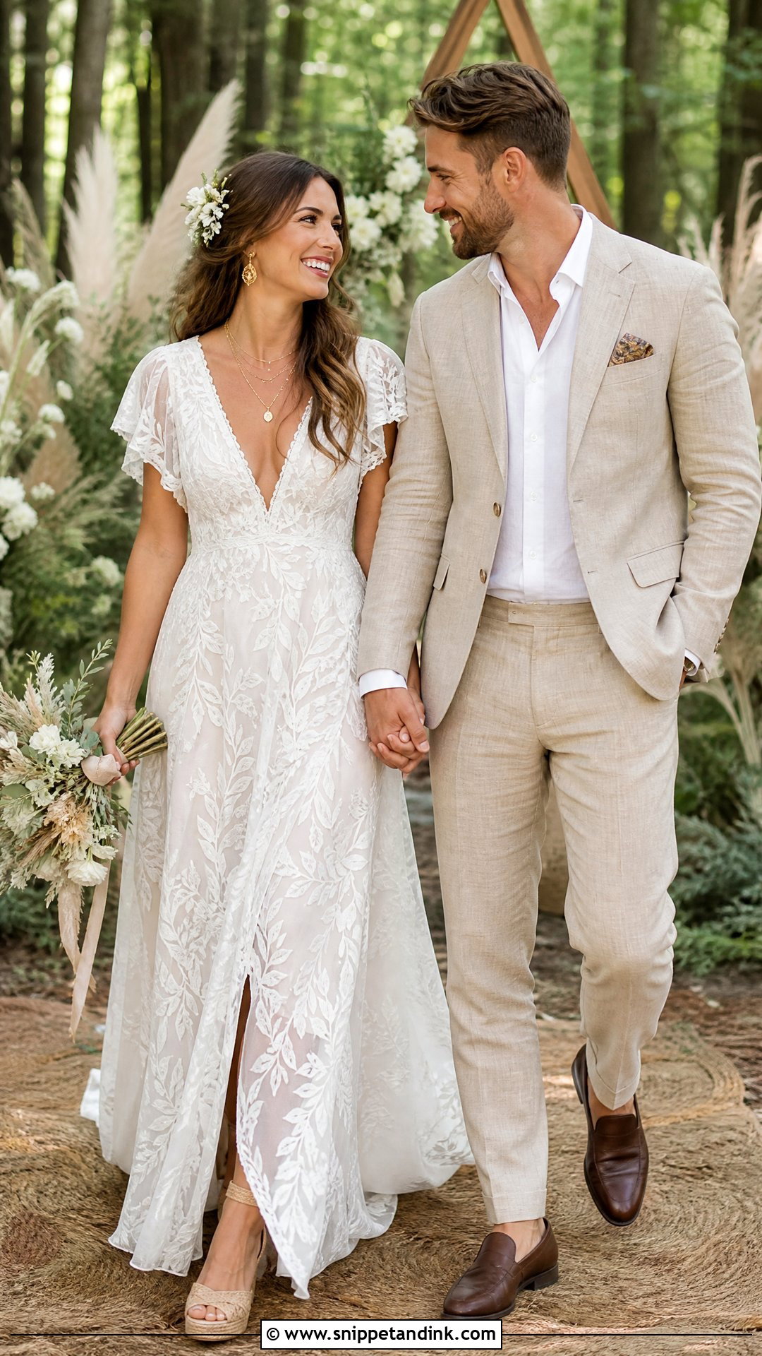 Boho Lace Dress And Tan Linen Suit Wedding Couple - Snippet and Ink - 20 Wedding Dresses for Couple
