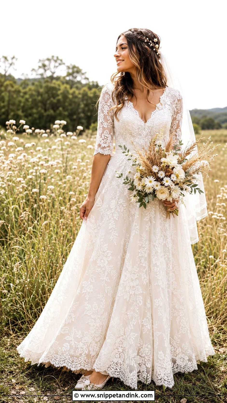 Boho Lace Half Sleeve Wedding Dress - Snippet and Ink - 20 Half Sleeve Wedding Dress Ideas