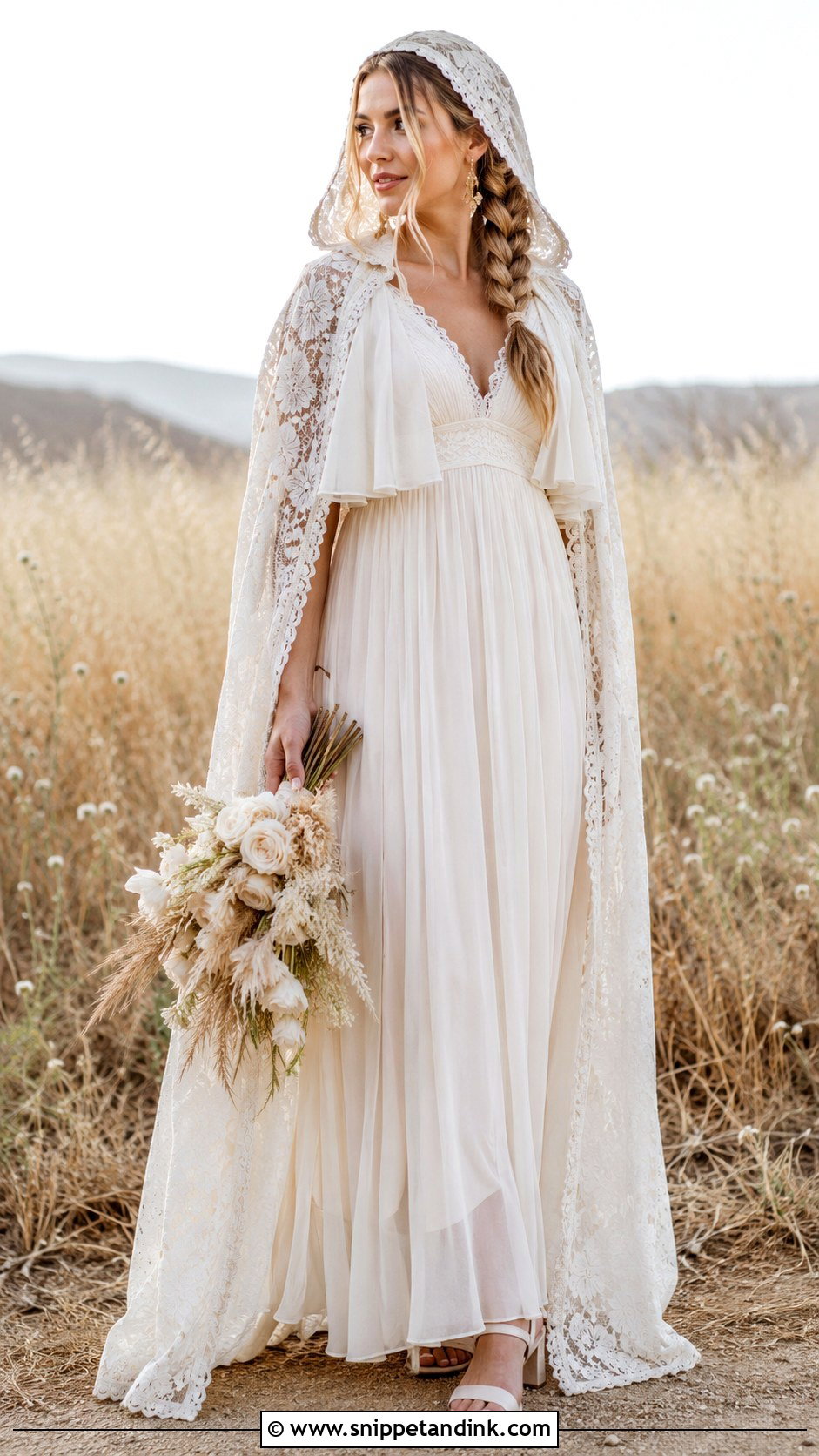 Boho Lace Hooded Wedding Cape With Flowing Dress - Snippet and Ink - 20 Wedding Cape with Hood Ideas