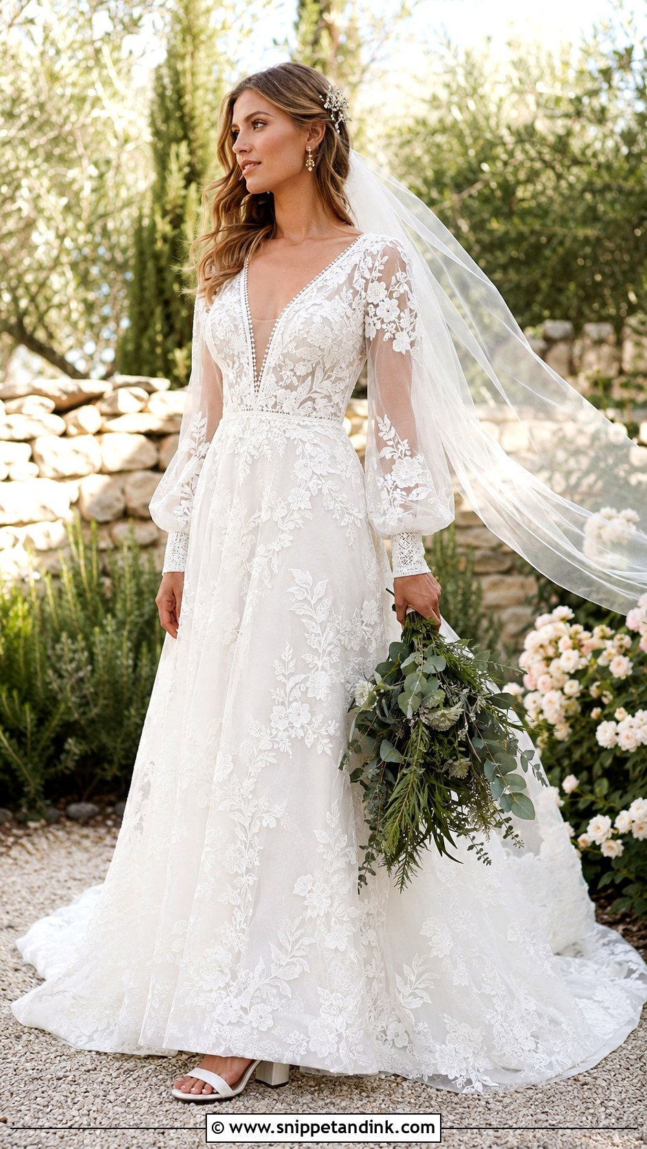 Boho Lace Long Puff Sleeve Wedding Dress - Snippet and Ink - 20 Long Puff Sleeve Wedding Dress Ideas