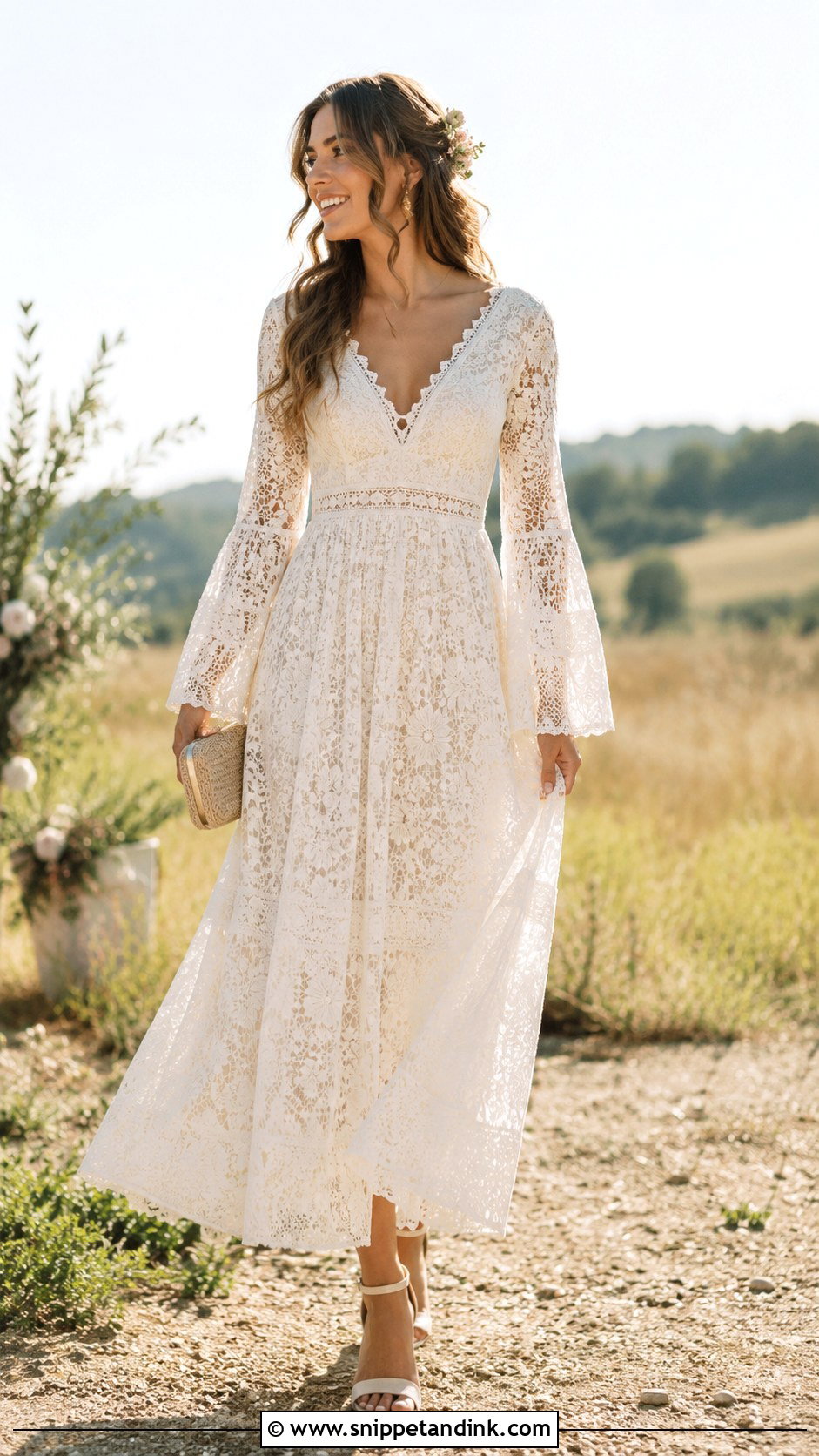 Boho Lace Midi Wedding Dress With Bell Sleeves - Snippet and Ink - 20 Midi Wedding Dress with Sleeves