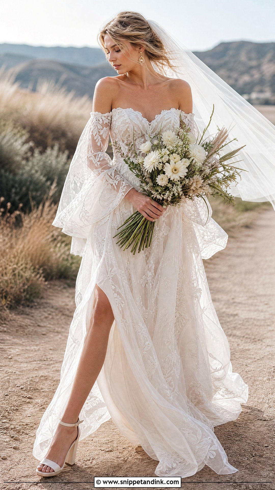 Boho Lace Off Shoulder Bridal Gown - Snippet and Ink - 20 Off Shoulder Bridal Gown Ideas