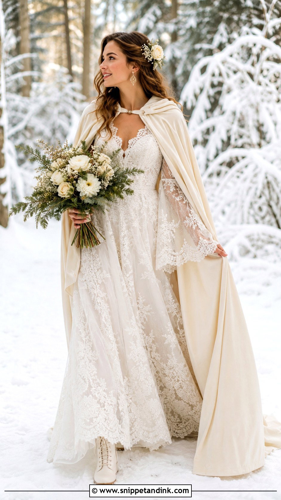 Boho Lace Snow Wedding Dress With Cape - Snippet and Ink - 20 Snow Wedding Dress Ideas