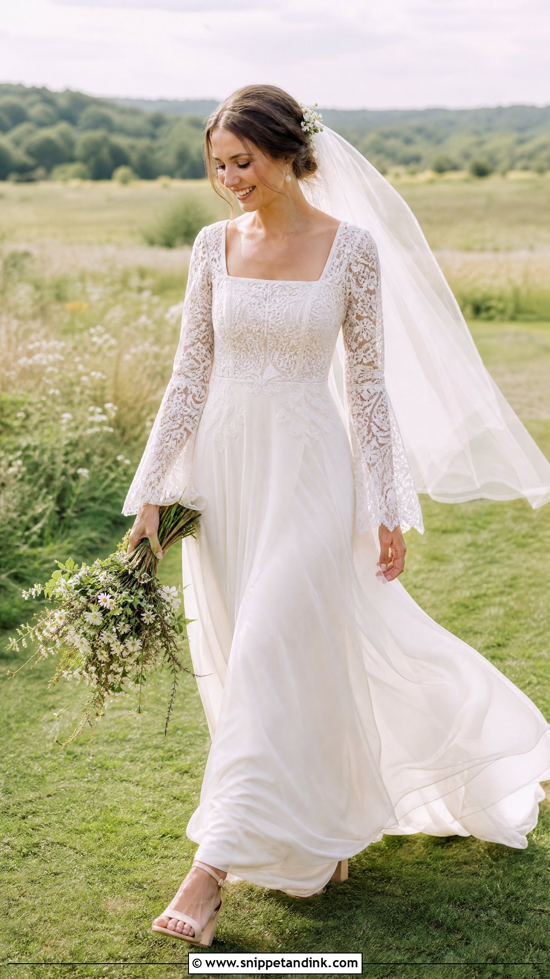 Boho Lace Square Neck Long Sleeve Wedding Dress - Snippet and Ink - 20 Square Neck Long Sleeve Wedding Dress Ideas