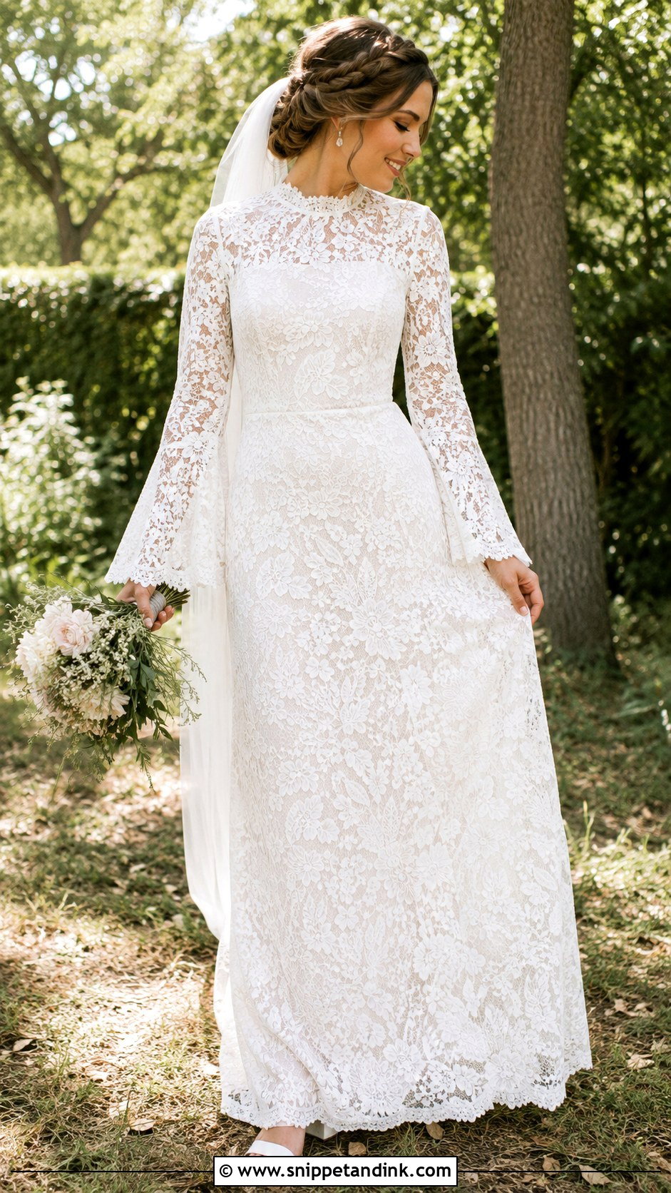Boho Lace Wedding Dress With Bell Sleeves - Snippet and Ink - 20 Full Coverage Wedding Dress Ideas