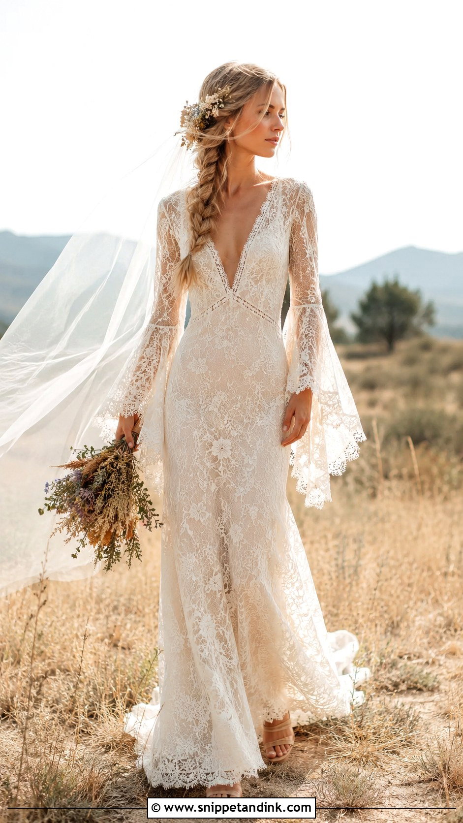 Boho Lace Wedding Dress With Bell Sleeves - Snippet and Ink - 20 Lacy Wedding Dresses with Sleeves