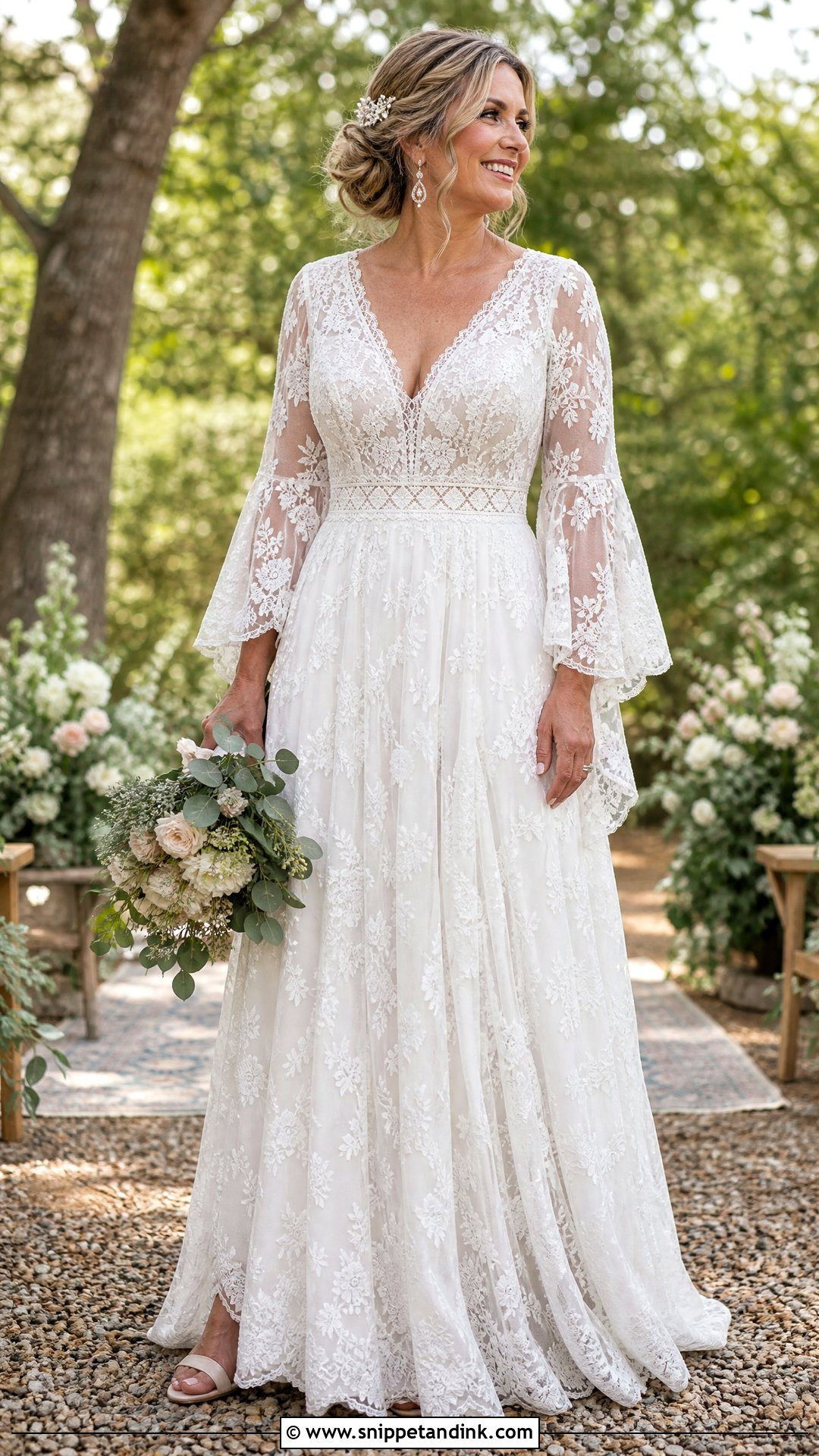 Boho Lace Wedding Dress With Bell Sleeves - Snippet and Ink - 20 Wedding Dresses for 50 Year Olds Brides