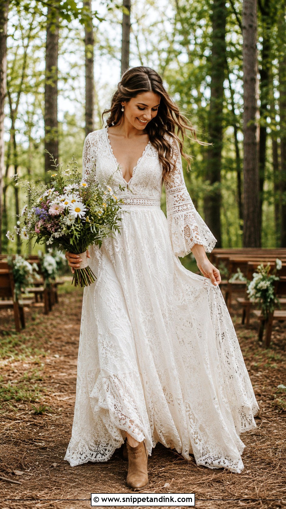 Boho Lace Wedding Dress With Boots - Snippet and Ink - 25 Woodsy Wedding Dress Ideas