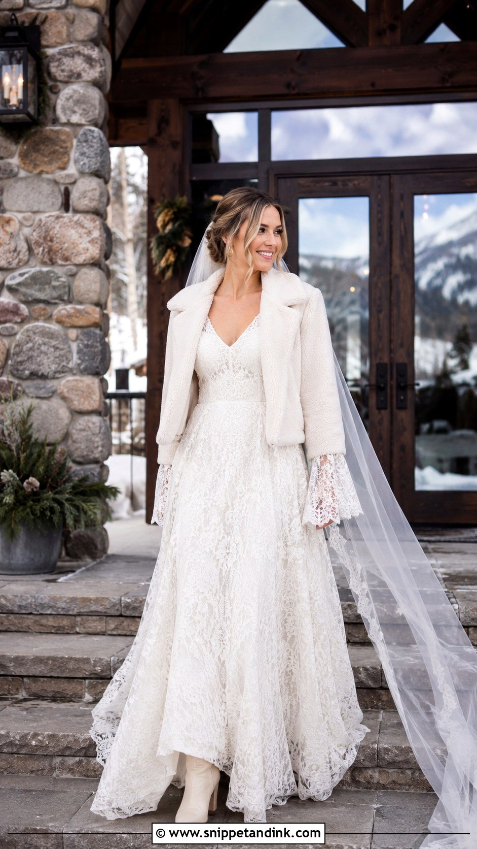 Boho Lace Wedding Dress With Shearling Jacket - Snippet and Ink - 20 January Wedding Dress Ideas