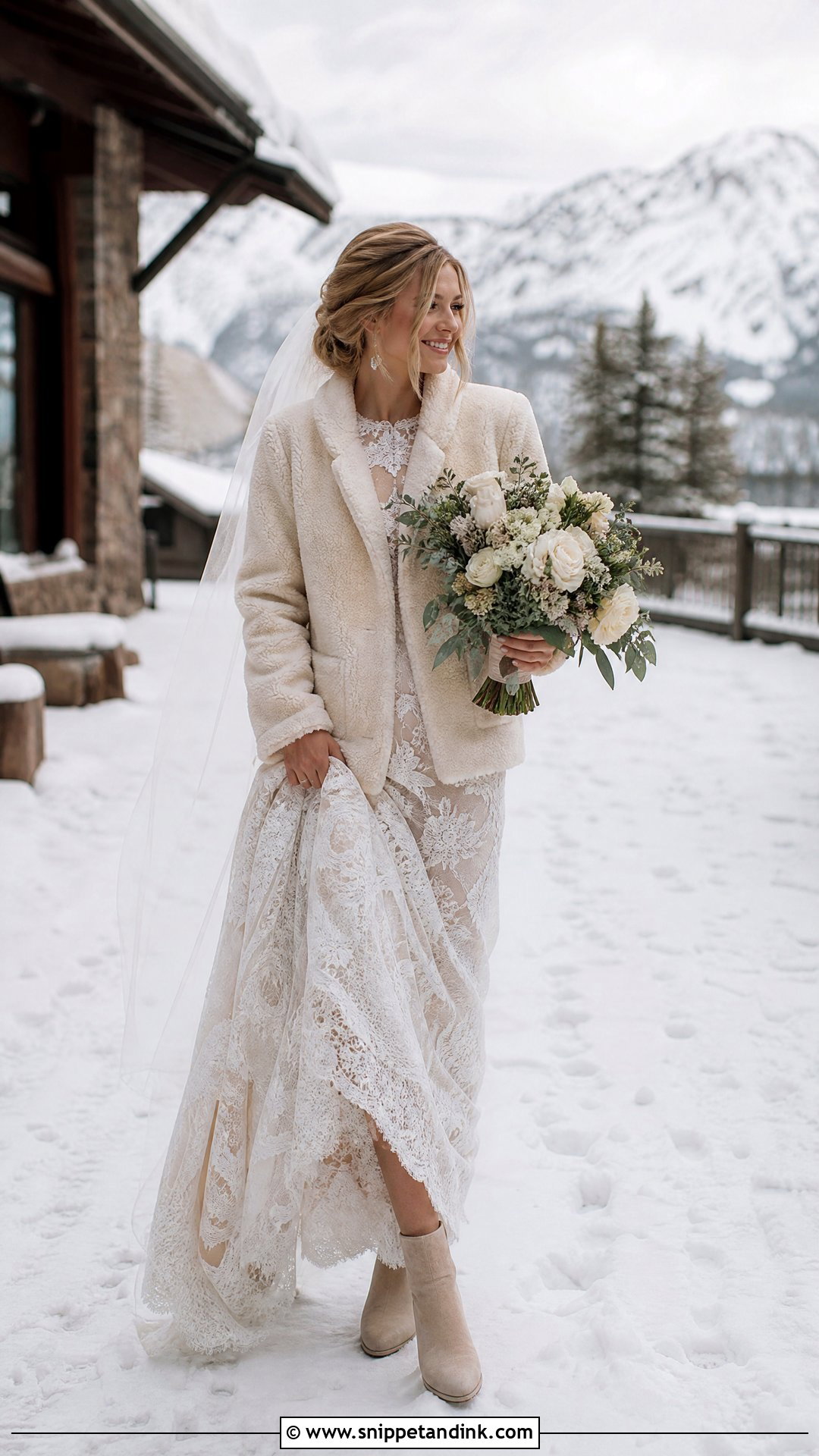 Boho Lace Winter Bride Outfit With Boots - Snippet and Ink - 20 Winter Bride Outfits
