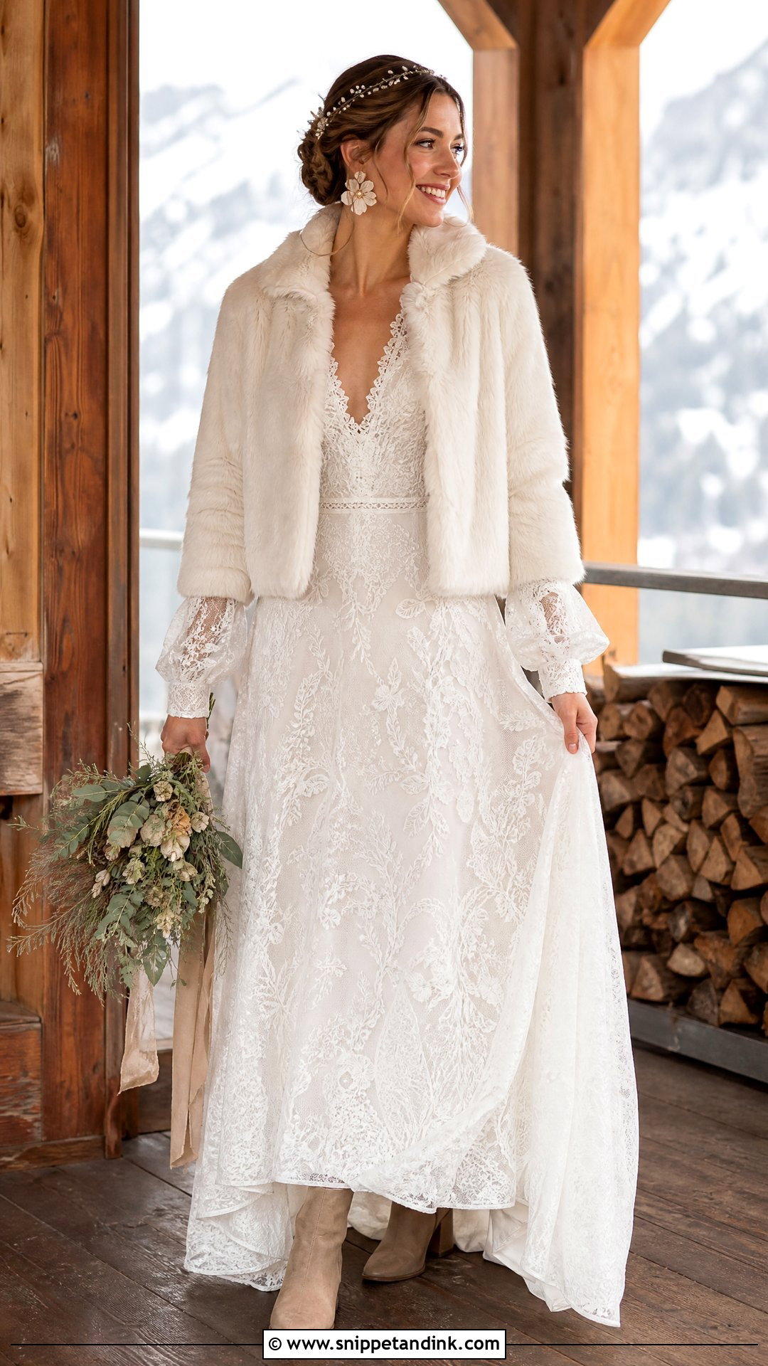 Boho Lace Winter Wedding Gown With Faux Fur - Snippet and Ink - 25 Winter Wedding Gowns