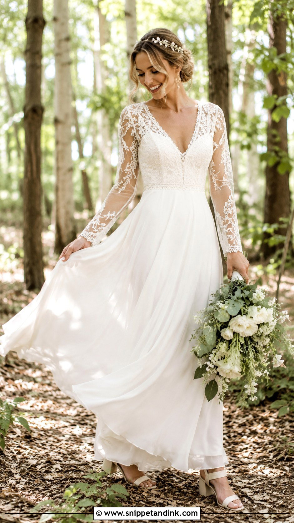 Boho Long Sleeve V Neck A Line Wedding Dress - Snippet and Ink - 20 V Neck a Line Wedding Dress Ideas
