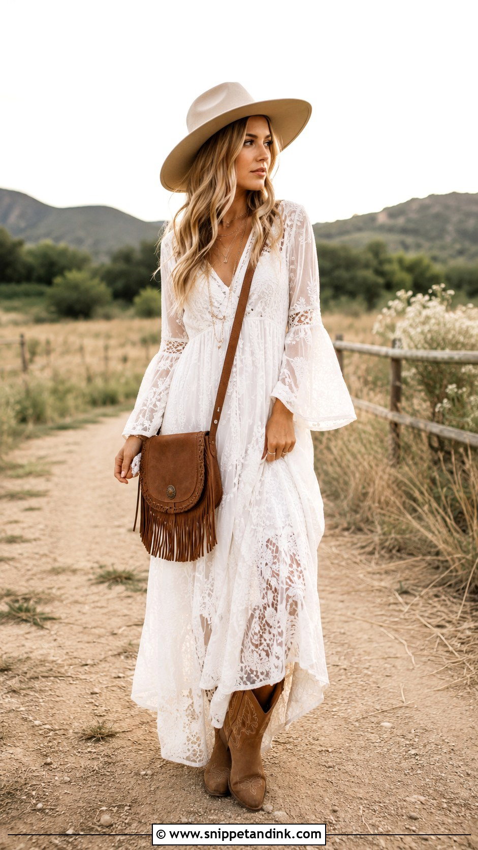 Boho Long White Lace Dress With Cowboy Boots - Snippet and Ink - 20 Long White Lace Dress Ideas