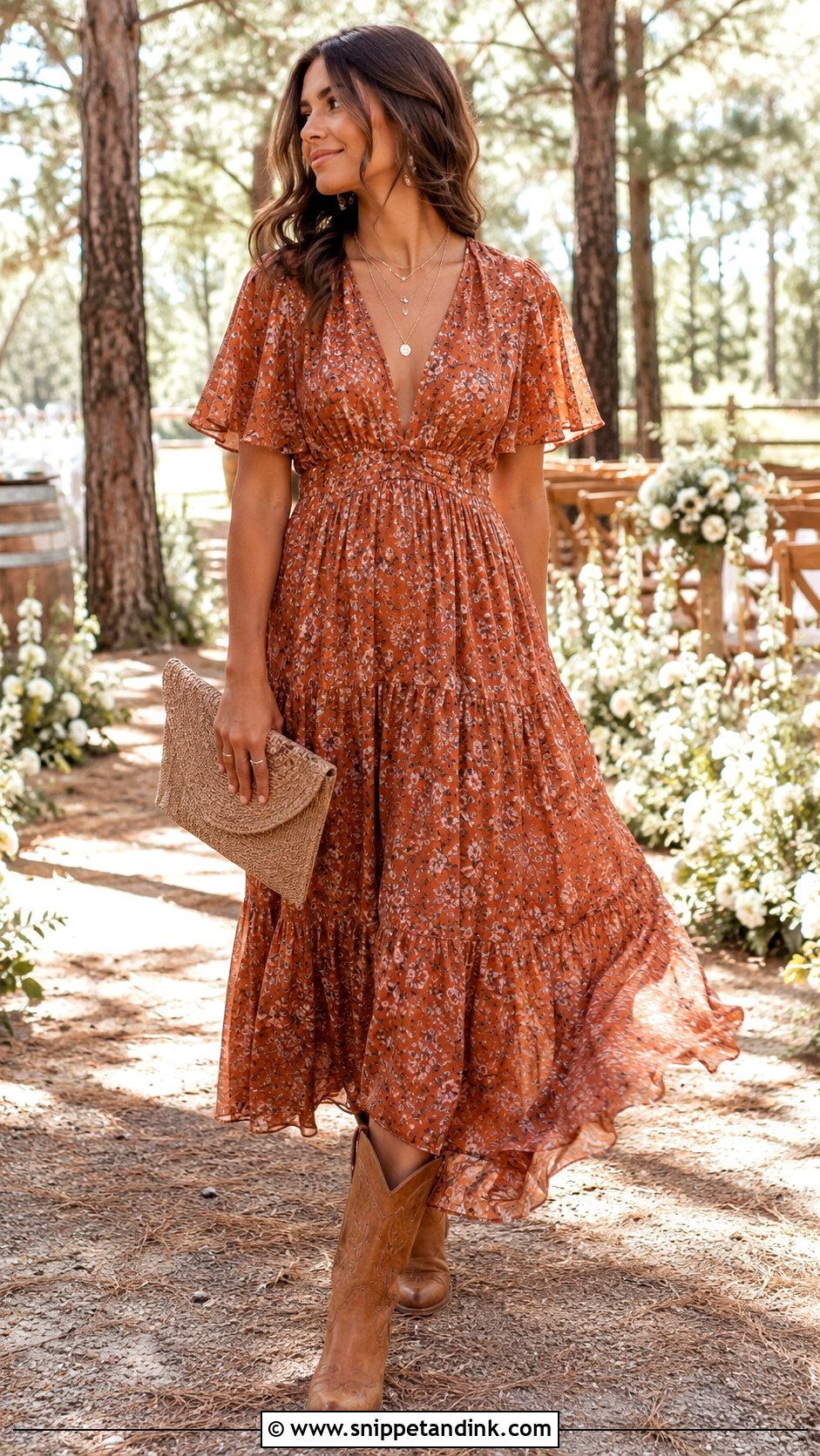 Boho Maxi Dress With Cowboy Boots - Snippet and Ink - 20 Cowboy Boots Wedding Outfit Ideas