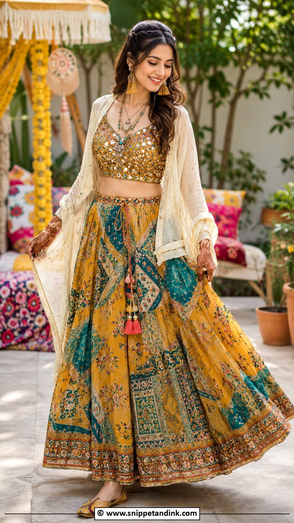 Boho Mehandi Skirt Top Outfit - Snippet and Ink - 30 Mehandi Outfits