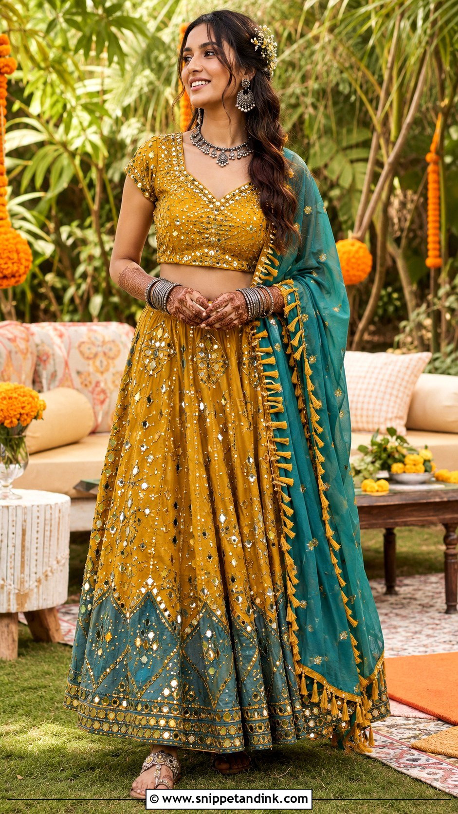 Boho Mehndi Lehenga Outfit - Snippet and Ink - 30 Mehndi Outfit for Bride Ideas