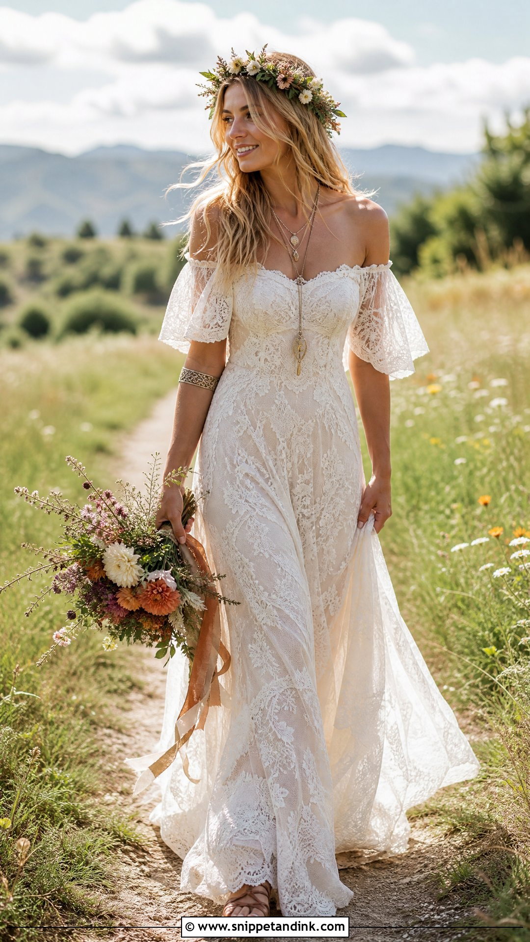 Boho Off Shoulder Pagan Wedding Dress - Snippet and Ink - 20 Pagan Wedding Dress Ideas