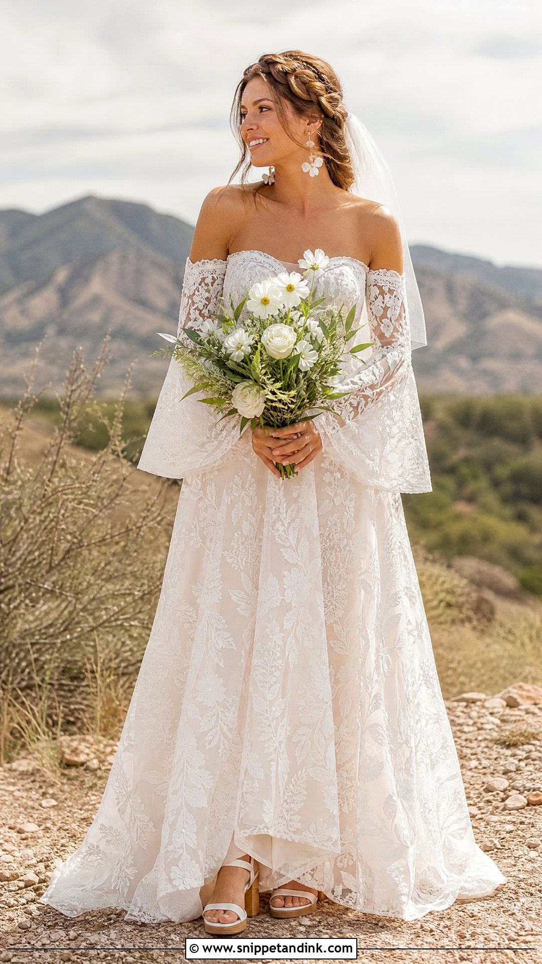 Boho Off the Shoulder Lace Sleeve Wedding Dress - Snippet and Ink - 20 Wedding Dress Off the Shoulder Sleeves