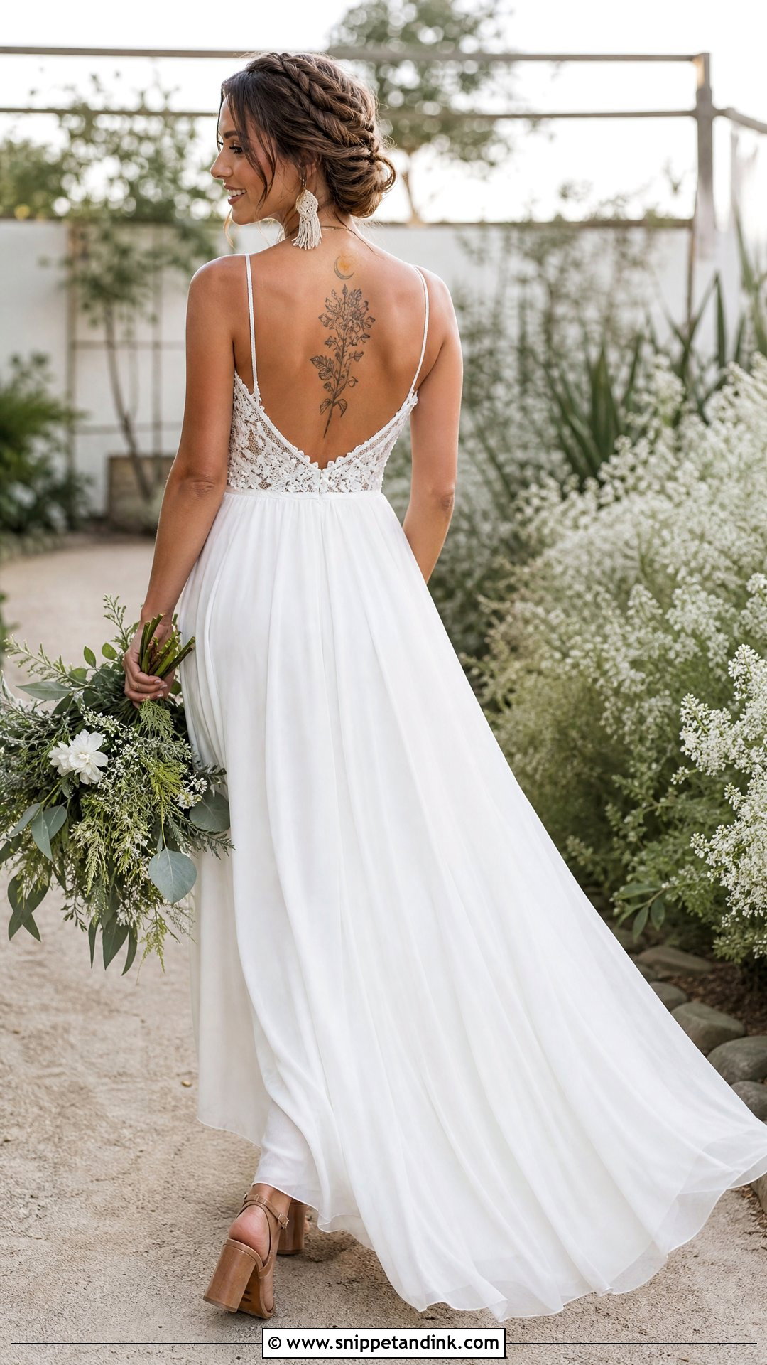 Boho Open Back Wedding Dress With Back Tattoos - Snippet and Ink - 20 Tattoos in Wedding Dress Ideas