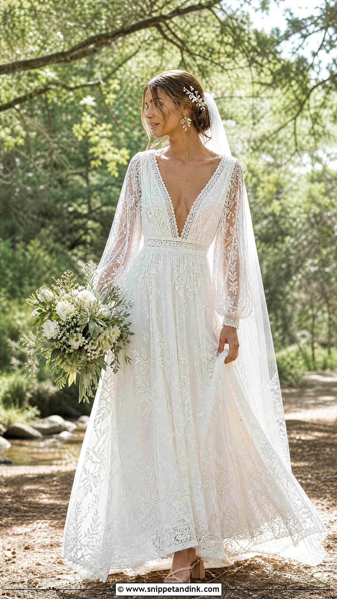 Boho Plunge Neck Wedding Dress - Snippet and Ink - 20 Plunge Neck Wedding Dress Ideas