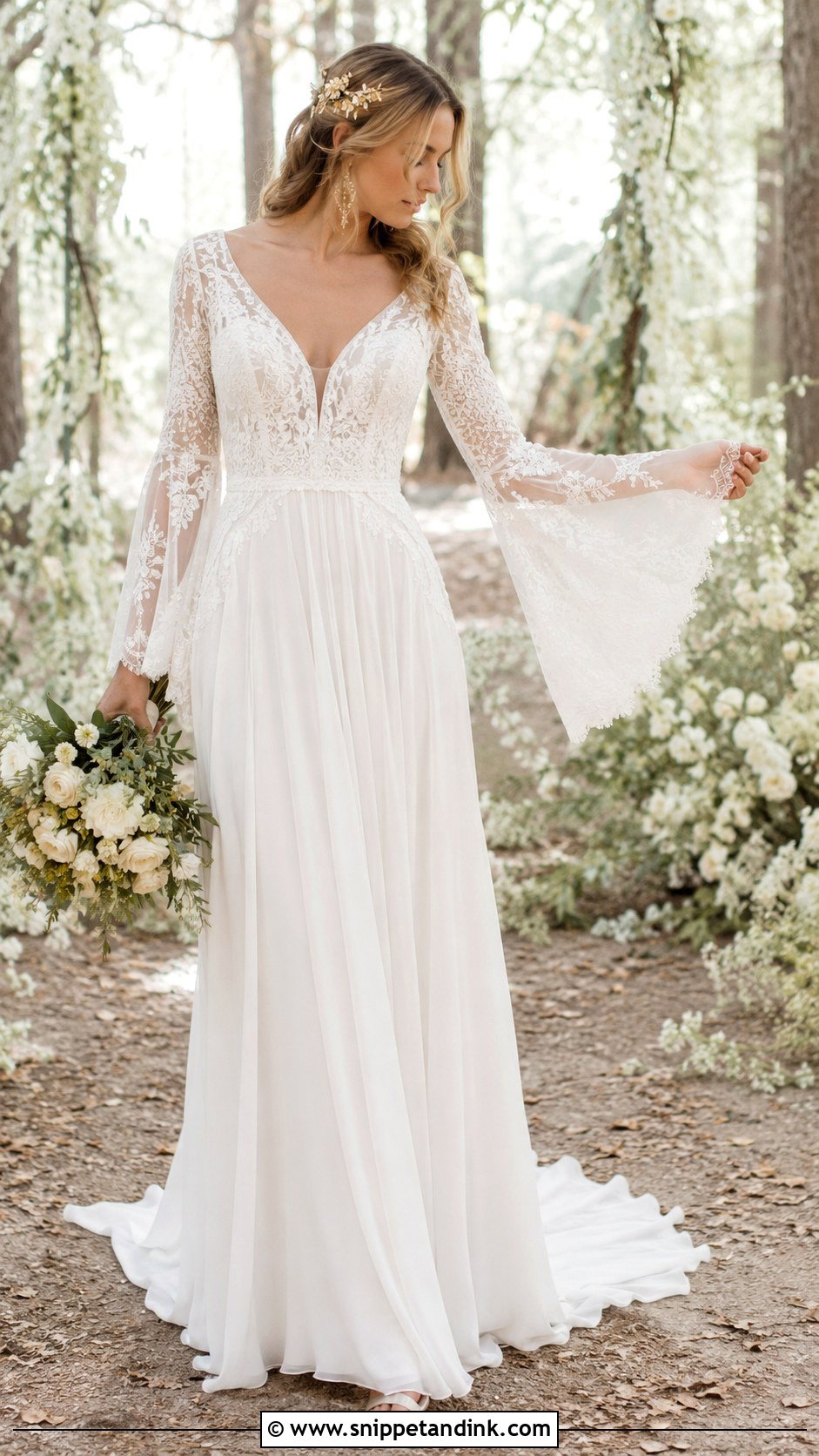 Boho Princess Wedding Dress With Bell Sleeves - Snippet and Ink - 20 Boho Princess Wedding Dress Ideas