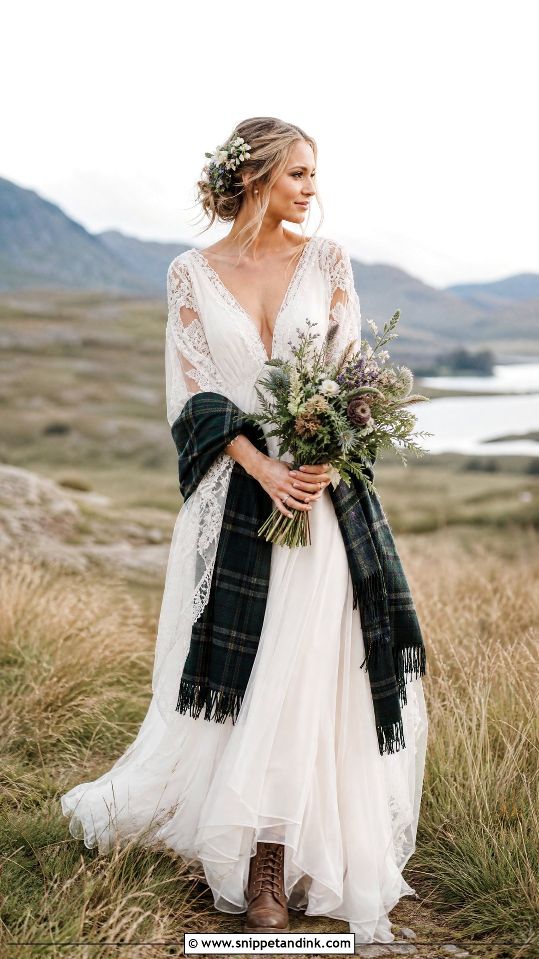 Boho Scottish Wedding Dress With Plaid Wrap - Snippet and Ink - 20 Scottish Wedding Dresses