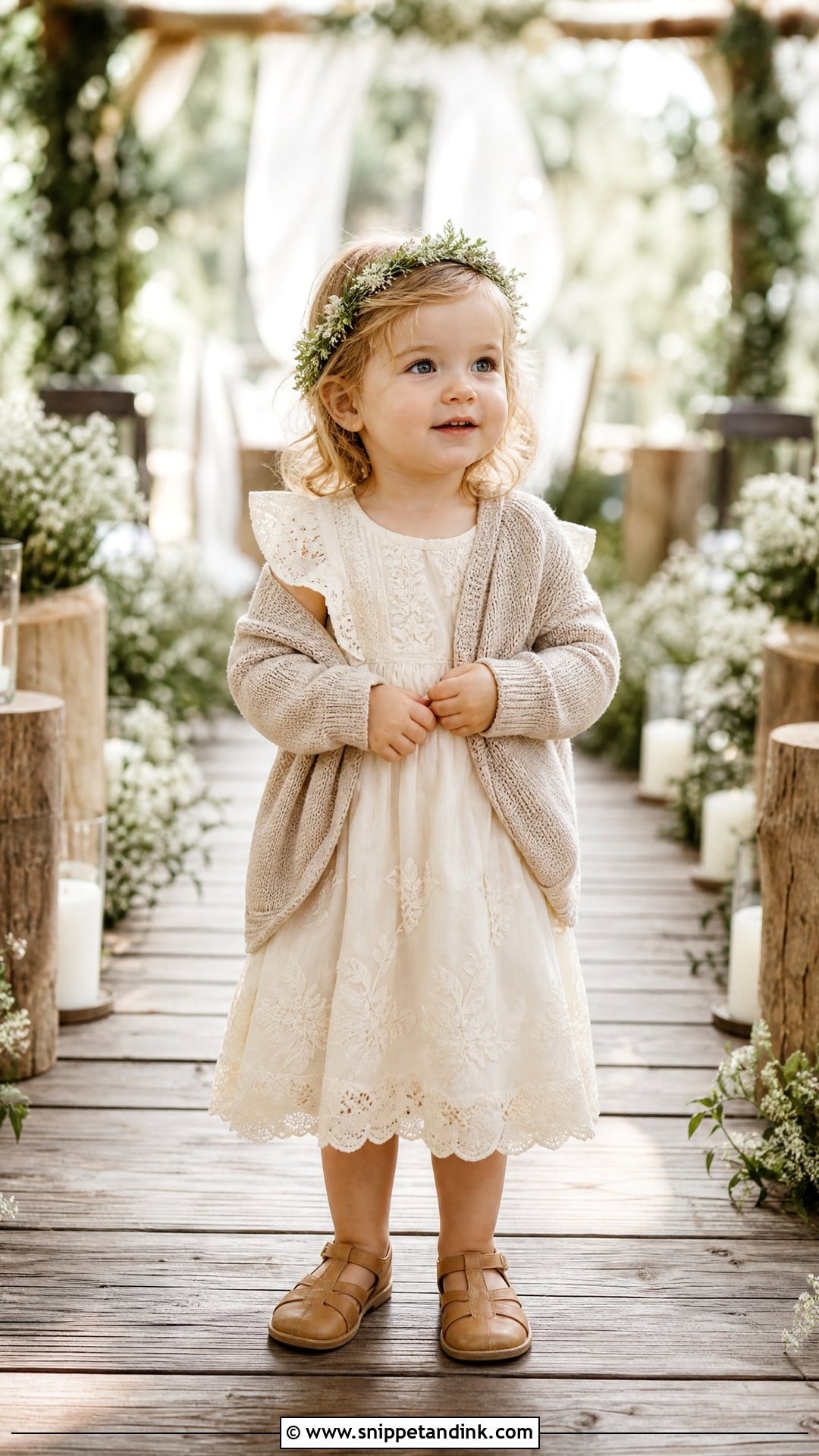 Boho Toddler Wedding Dress With Tan Sandals - Snippet and Ink - 20 Toddler Wedding Dress Ideas