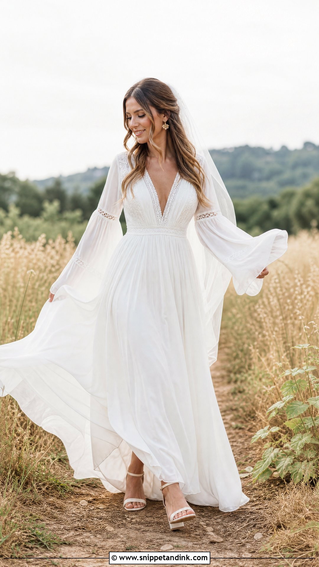 Boho V Neck Wedding Dress With Bell Sleeves - Snippet and Ink - 20 V Neck Wedding Dress with Sleeves