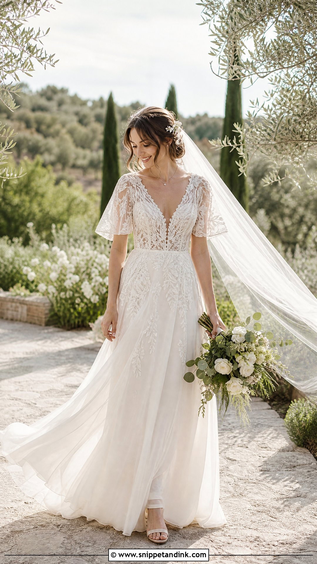 Boho V Neck Wedding Dress With Flutter Sleeves - Snippet and Ink - 20 V Neckline Wedding Dress Ideas