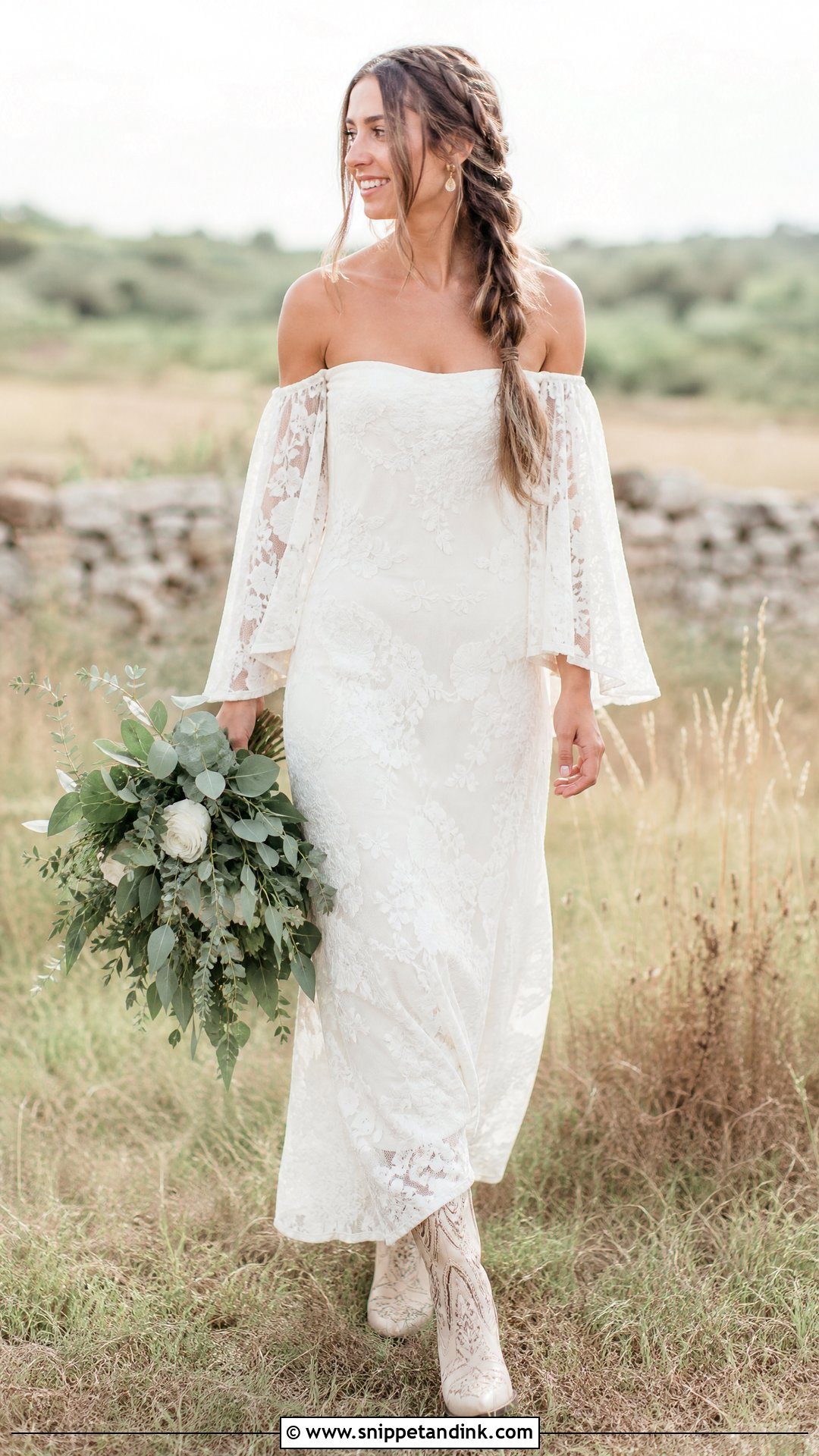 Boho Wedding Dress With Bell Off Shoulder Sleeves - Snippet and Ink - 20 Wedding Dress Off Shoulder Sleeves