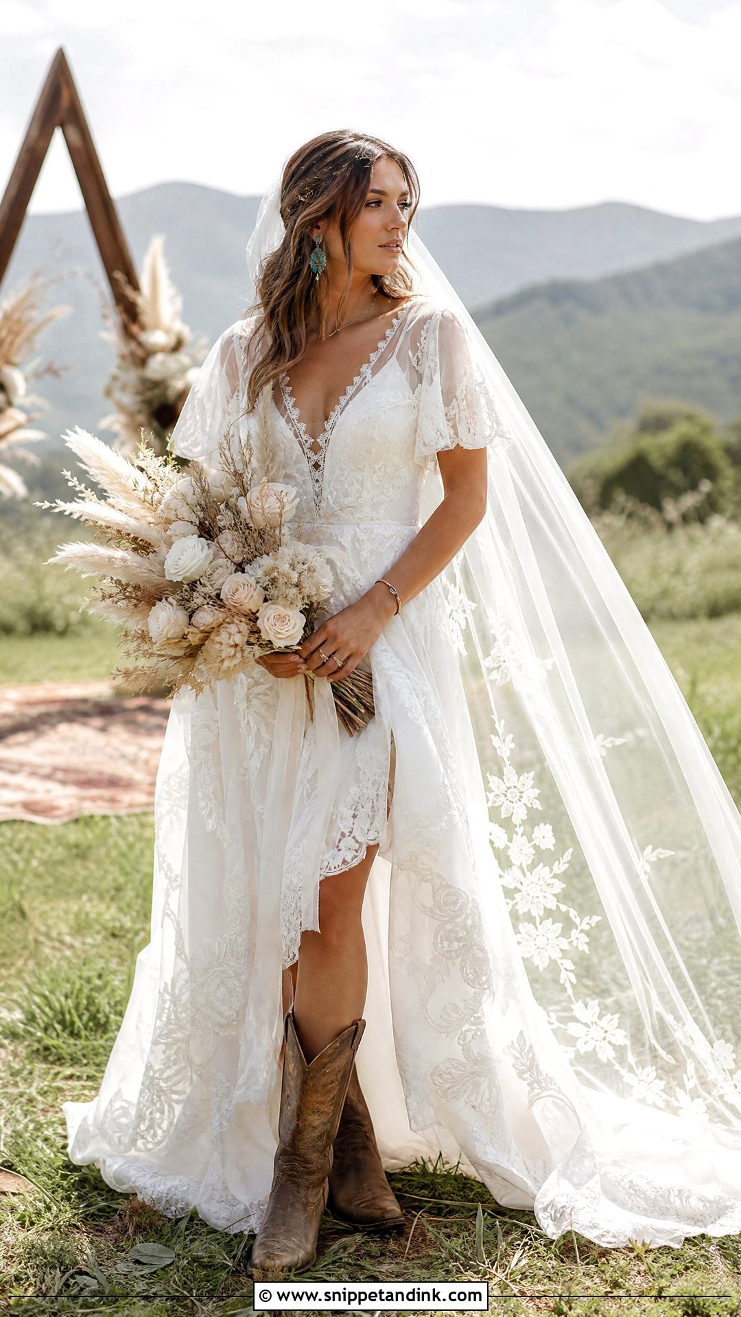 Boho Wedding Dress With Brown Cowboy Boots - Snippet and Ink - 20 Wedding Cowboy Boots for Bride Ideas
