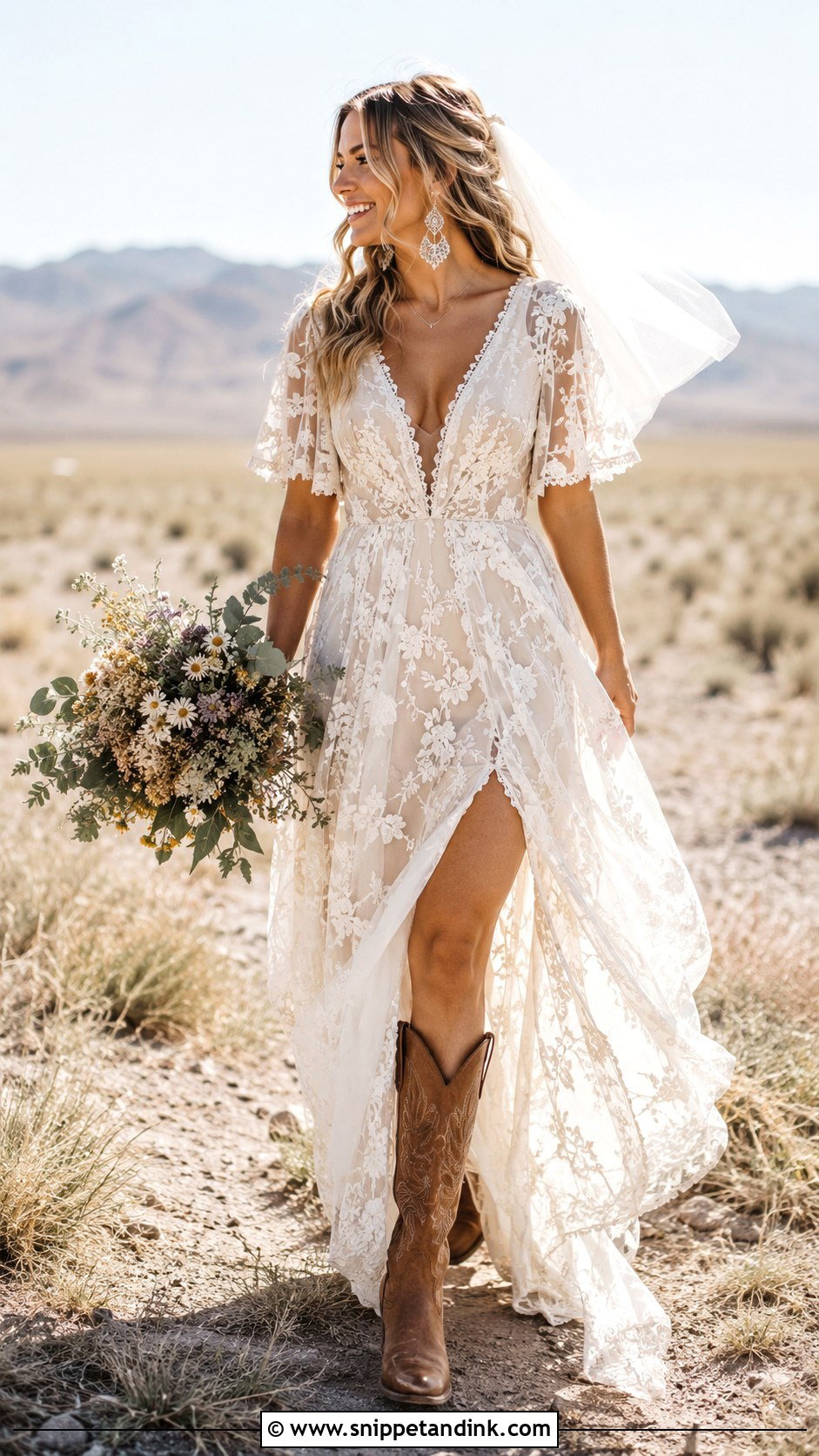 Boho Wedding Dress With Brown Cowgirl Boots - Snippet and Ink - 20 Cowgirl Boots Wedding Dress Ideas