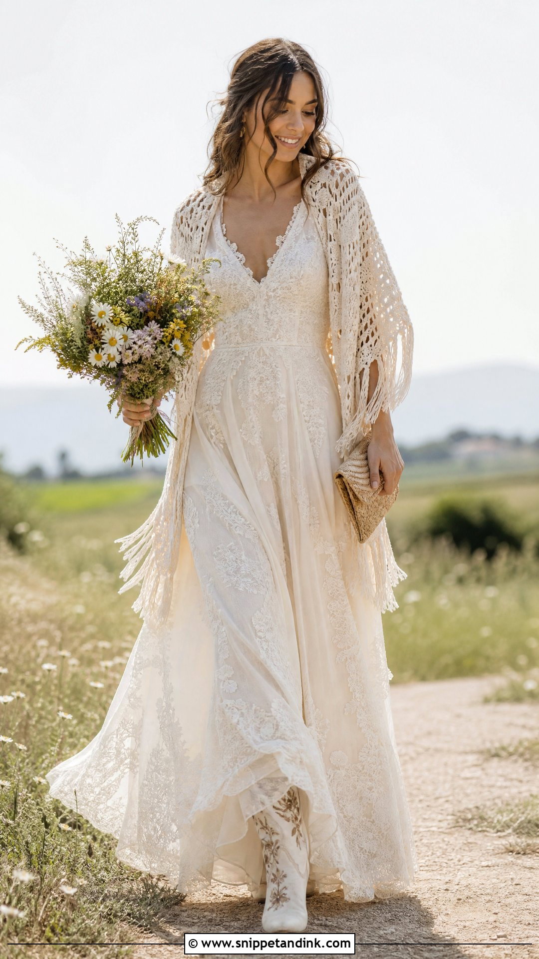 Boho Wedding Dress With Crochet Shawl - Snippet and Ink - 25 Wedding Dress with Shawl Ideas