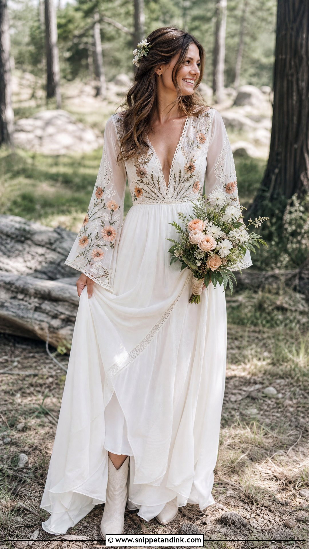 Boho Wedding Dress With Embroidered Bell Sleeves - Snippet and Ink - 20 Wedding Dress with Embroidered Flowers