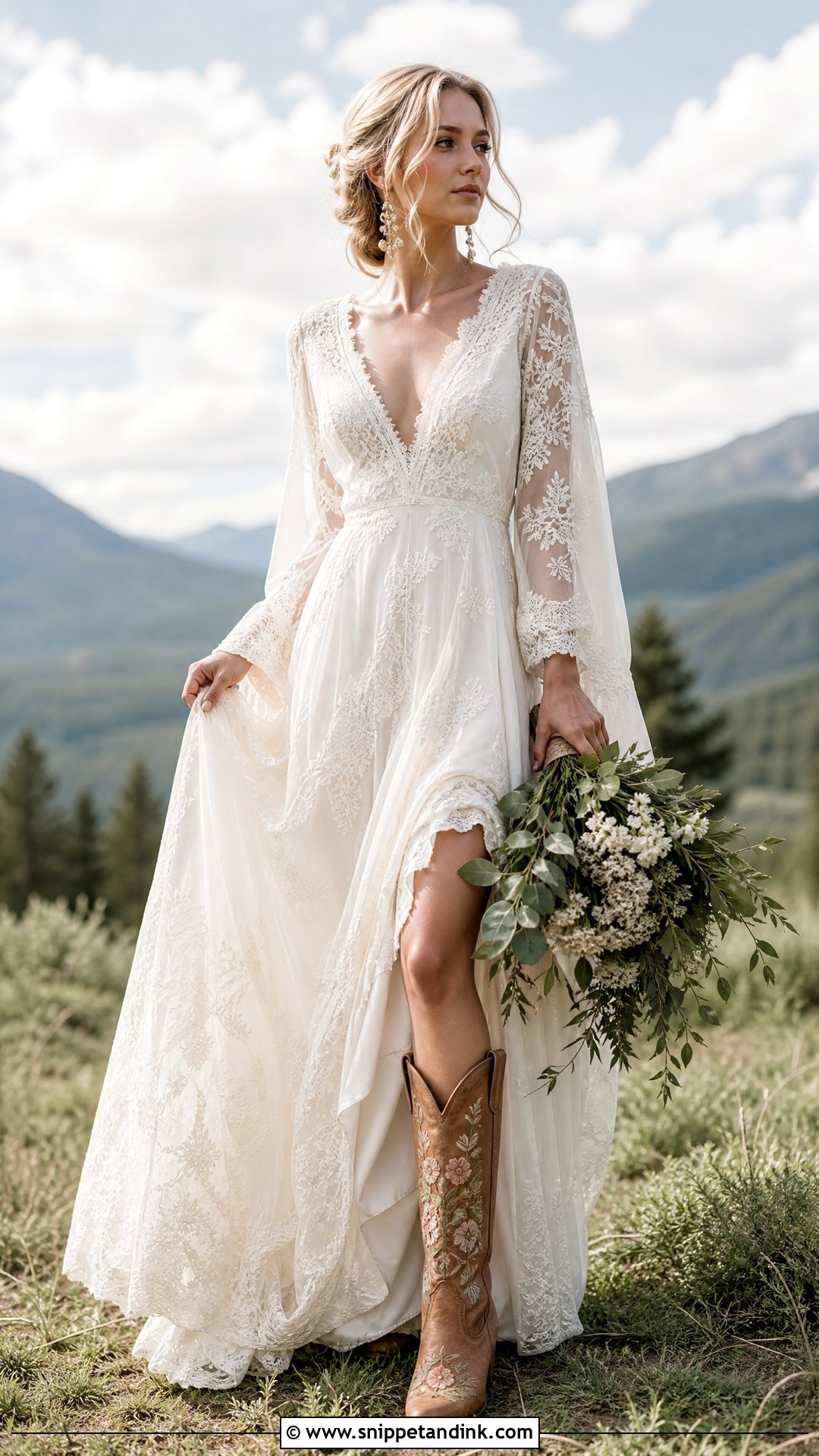 Boho Wedding Dress With Embroidered Cowgirl Boots - Snippet and Ink - 25 Wedding Cowgirl Boots Ideas