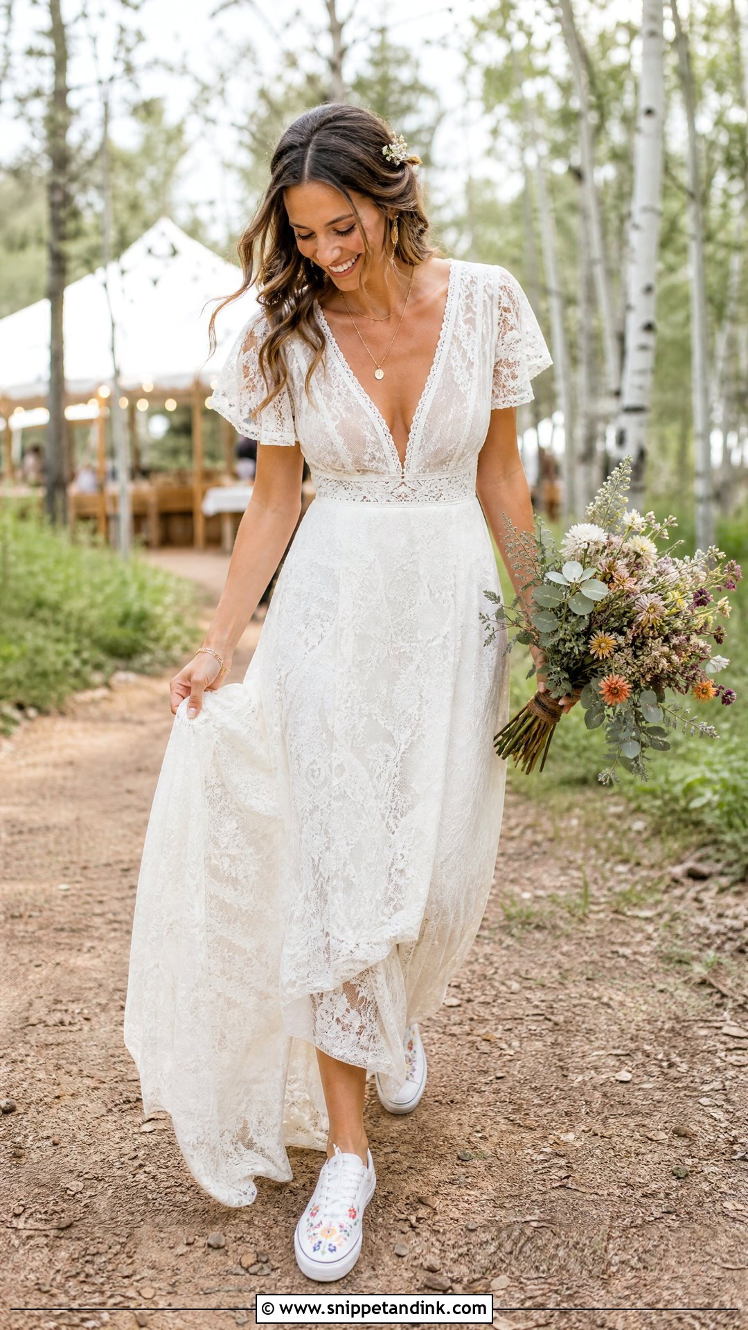 Boho Wedding Dress With Embroidered Sneakers - Snippet and Ink - 20 Wedding Dress Sneakers Ideas