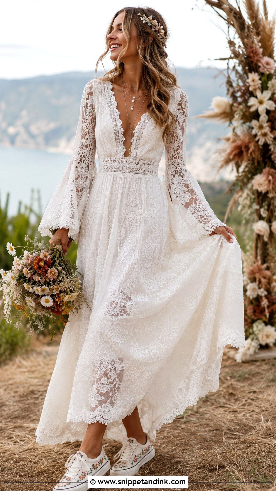 Boho Wedding Dress With Embroidered Sneakers - Snippet and Ink - 20 Bride with Sneakers Ideas