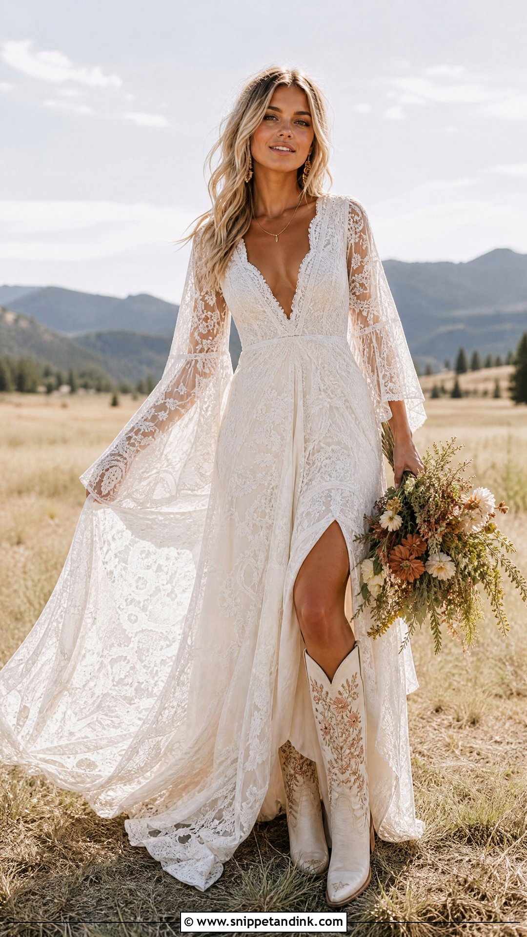 Boho Wedding Dress With Embroidered Western Boots - Snippet and Ink - 20 Wedding Dress Boots Ideas