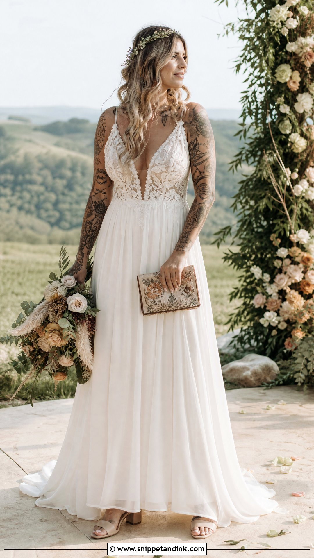 Boho Wedding Dress With Full Sleeve Tattoos - Snippet and Ink - 20 Wedding Dress with Tattoos Brides Ideas