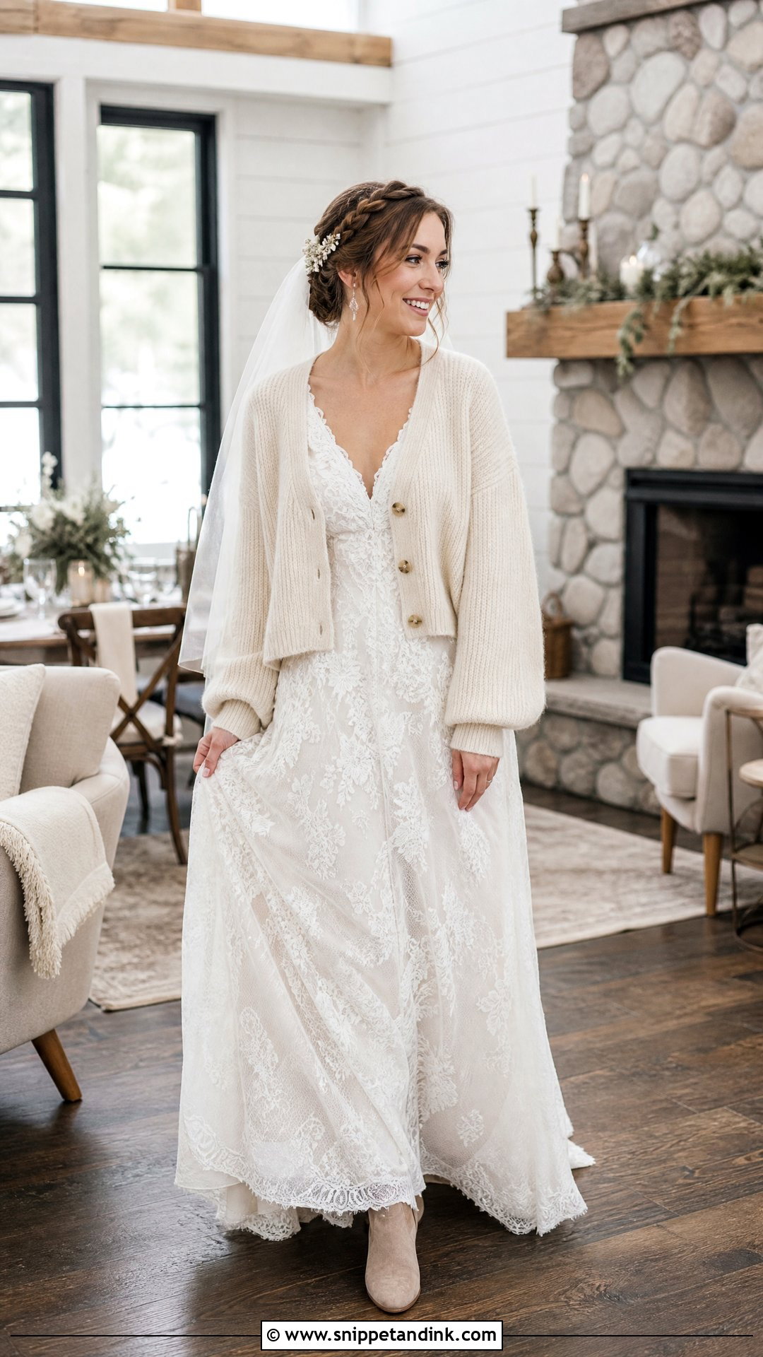 Boho Wedding Dress With Knit Cardigan - Snippet and Ink - 20 Warm Wedding Dress Ideas